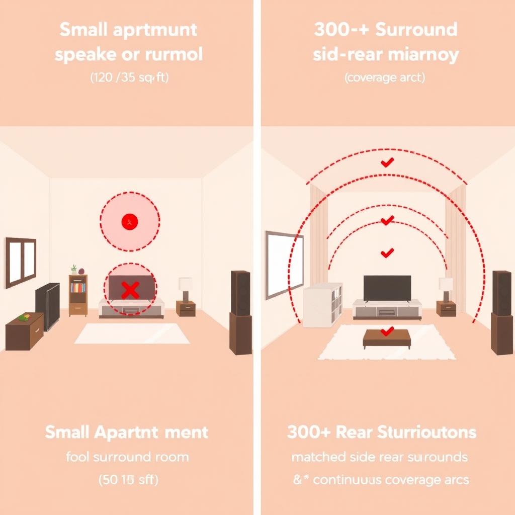 surround sound speakers — Two room diagrams: small apartment with insufficient surround coverage, large room with properly distributed speakers.
