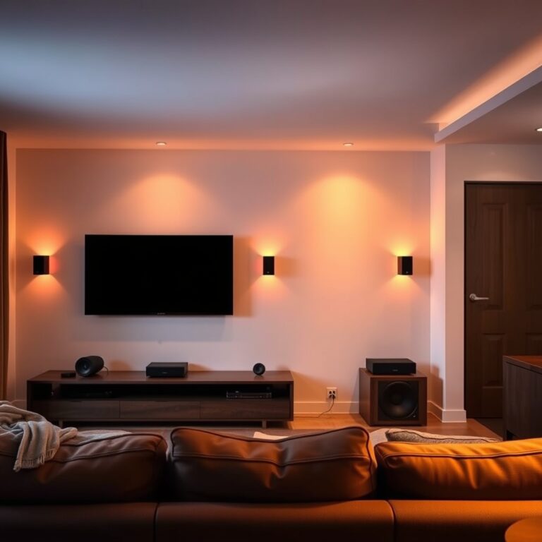 surround speakers — Modern living room with wall-mounted satellite speakers on either side of a TV and a subwoofer in the corner.