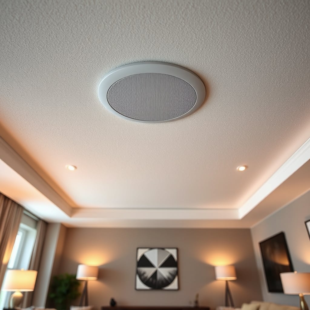surround speakers — Modern ceiling with flush-mounted speaker integrated seamlessly into white textured drywall.
