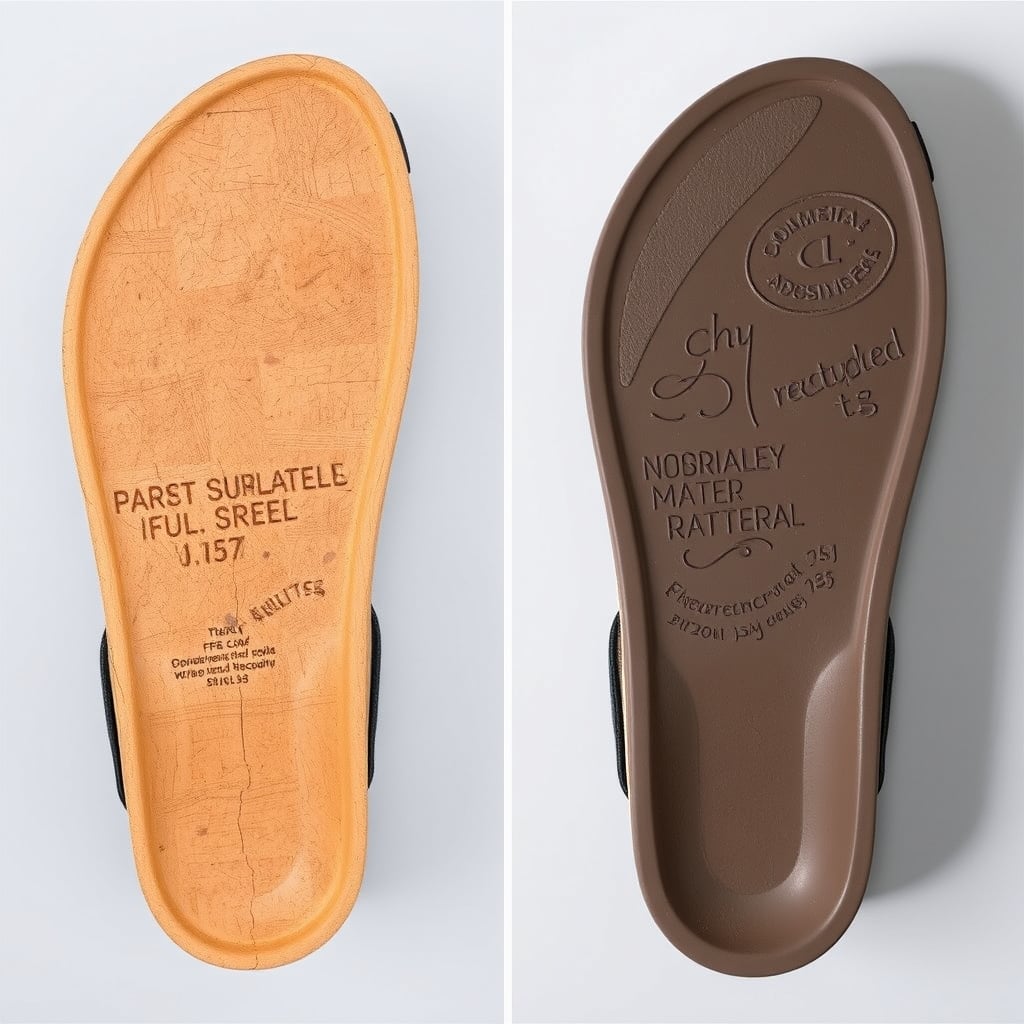 sustainable sandals — Two sandal sole materials photographed side-by-side: Portuguese cork with visible grain on the left, recycled rubber on the right.