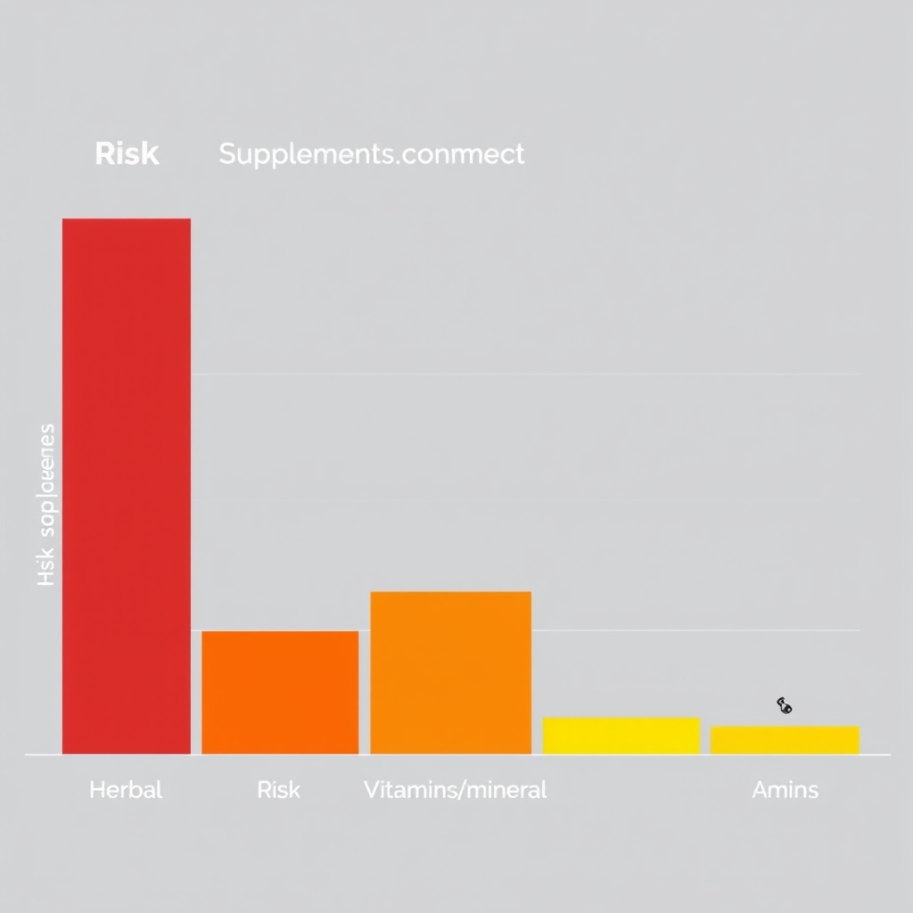 talking to doctor about supplements — Risk comparison chart showing herbal supplements as highest risk, vitamins/minerals as moderate, and amino acids as low risk.