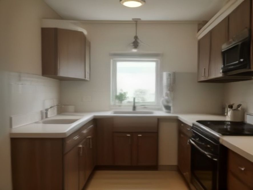 temporary housing — Close-up of a compact kitchenette with two-burner stovetop, microwave, mini-fridge, and basic cookware.