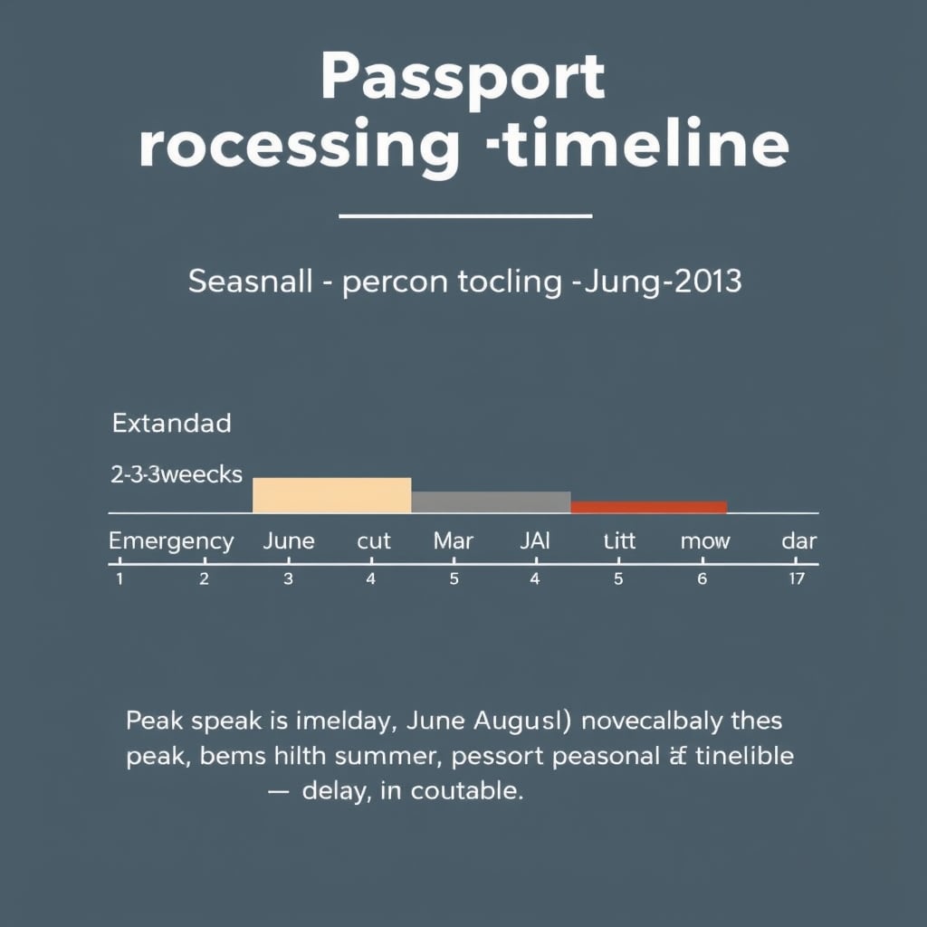travel document requirements — Processing timeline comparison showing standard, expedited, and emergency passport renewal durations with seasonal surge indicator.