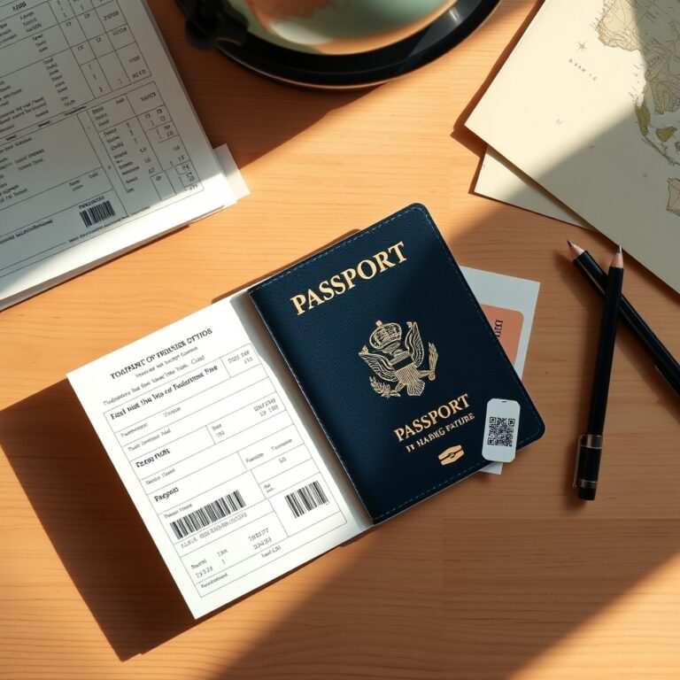 travel documentation checklist — Flat lay of passport, visa stamps, boarding pass, and travel documents on a wooden desk with warm lighting.