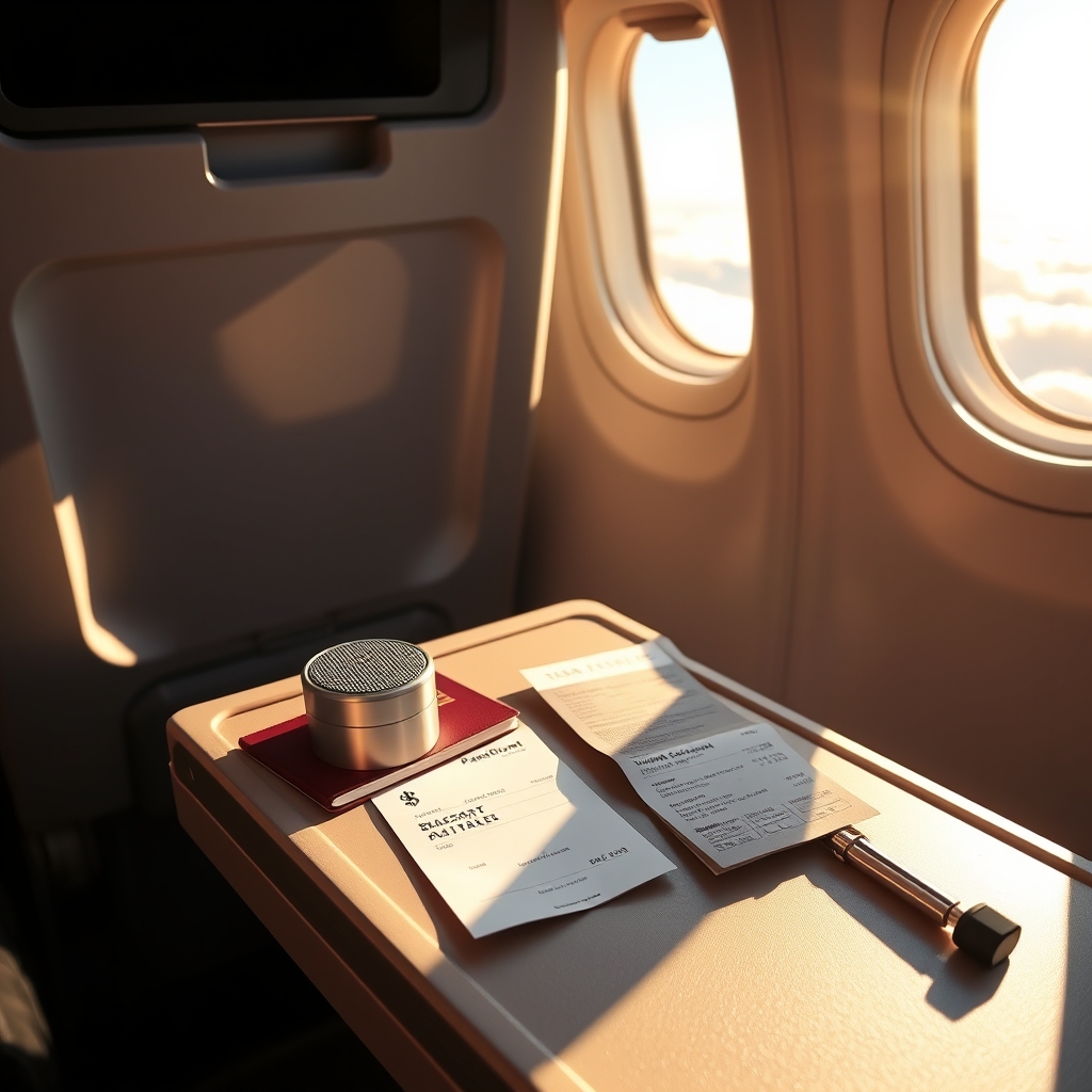 travel speaker recommendations — A portable speaker on an airplane tray table with passport and boarding pass, window seat view.