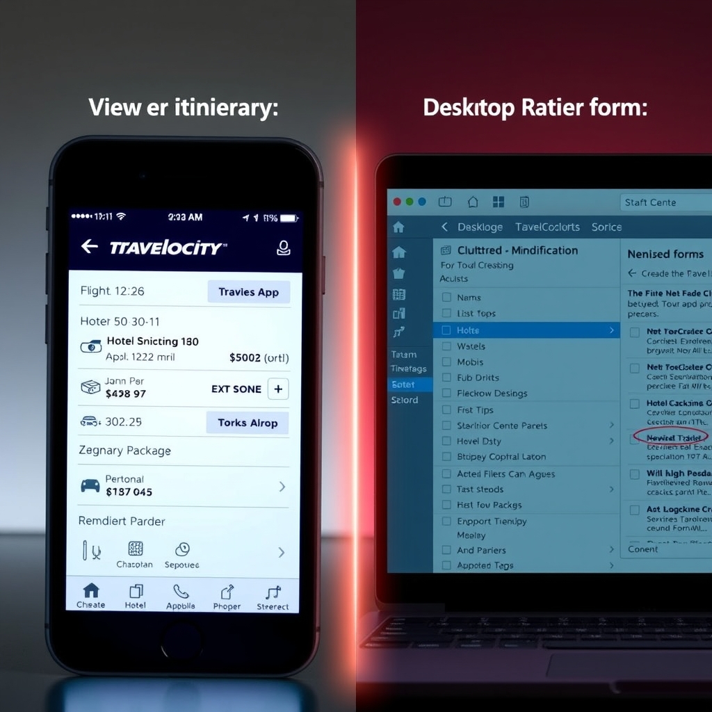travelocity deals worth it — Side-by-side comparison of Travelocity mobile app (clean) versus desktop checkout funnel (cluttered).