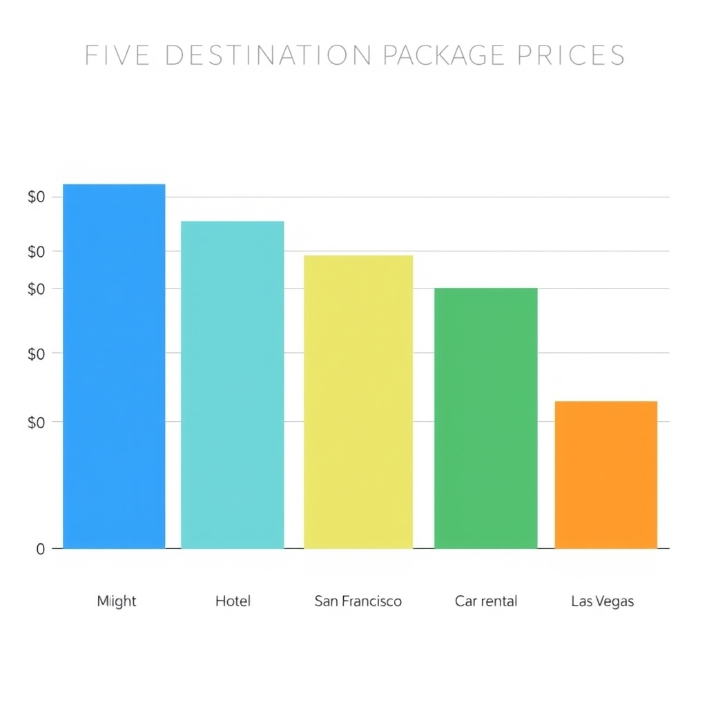 travelocity vacation packages review — Bar chart comparing package costs across five destinations, segmented by flight, hotel, and car rental components.