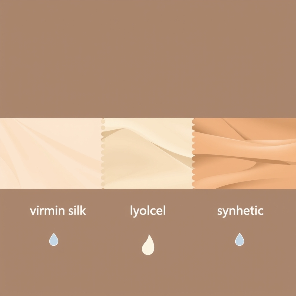 trending sustainable brands — Three fabric swatches compared horizontally showing silk, lyocell, and synthetic with environmental impact icons.