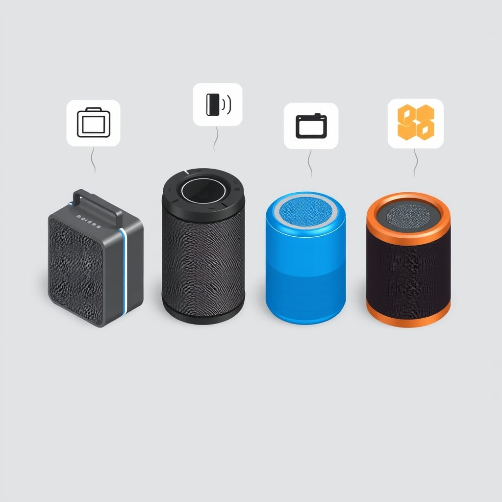 Tribit speaker — Isometric comparison of four portable speakers (XSound Go, UE Boom 2, JBL Flip 6, Anker Soundcore 2) with feature icons.