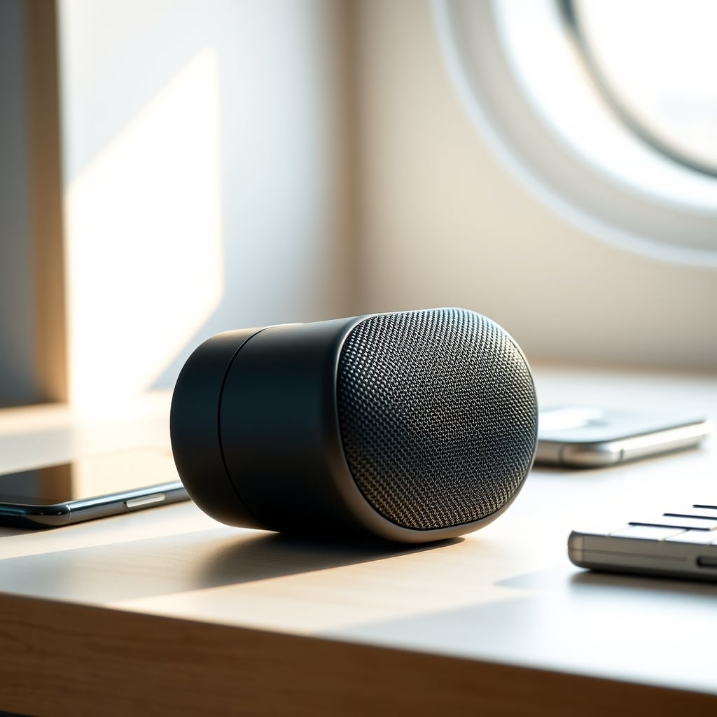 Tribit XSound Go — Tribit XSound Go portable speaker positioned on a desk between a phone and tablet, soft natural lighting.