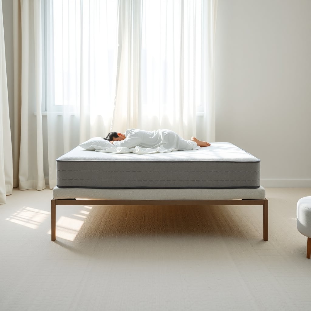 Tuft & Needle durability — A foam mattress in a bright, minimalist bedroom with morning light and a sleeping figure silhouette.