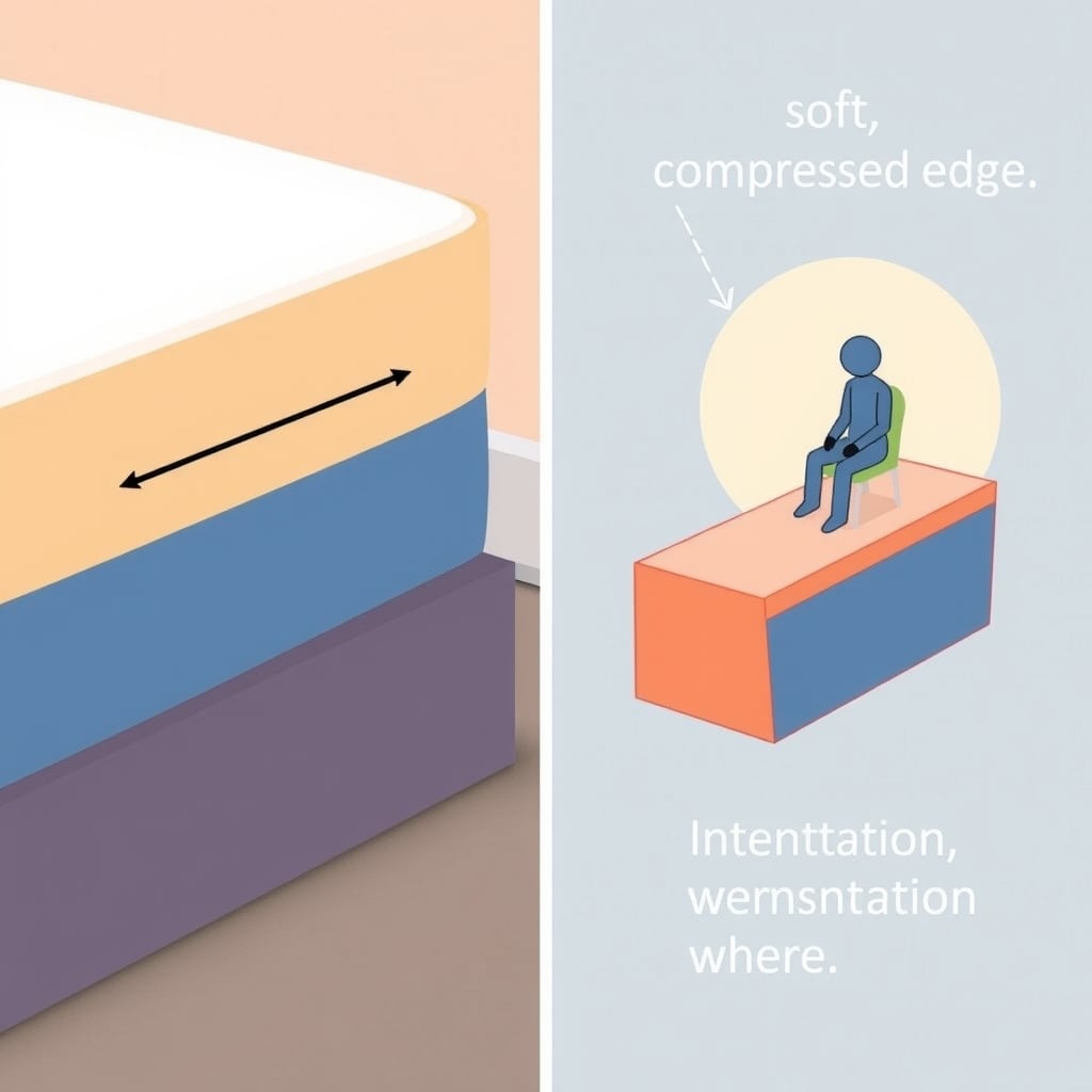 Tuft & Needle mattress review — Comparison of firm vs. soft mattress edge support, showing minimal sag versus significant compression.