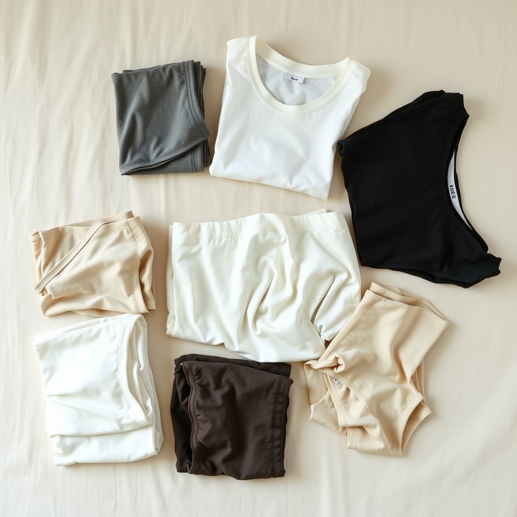undershirt fit and comfort — Neatly folded basics and underwear in neutral colors arranged on a light linen background.