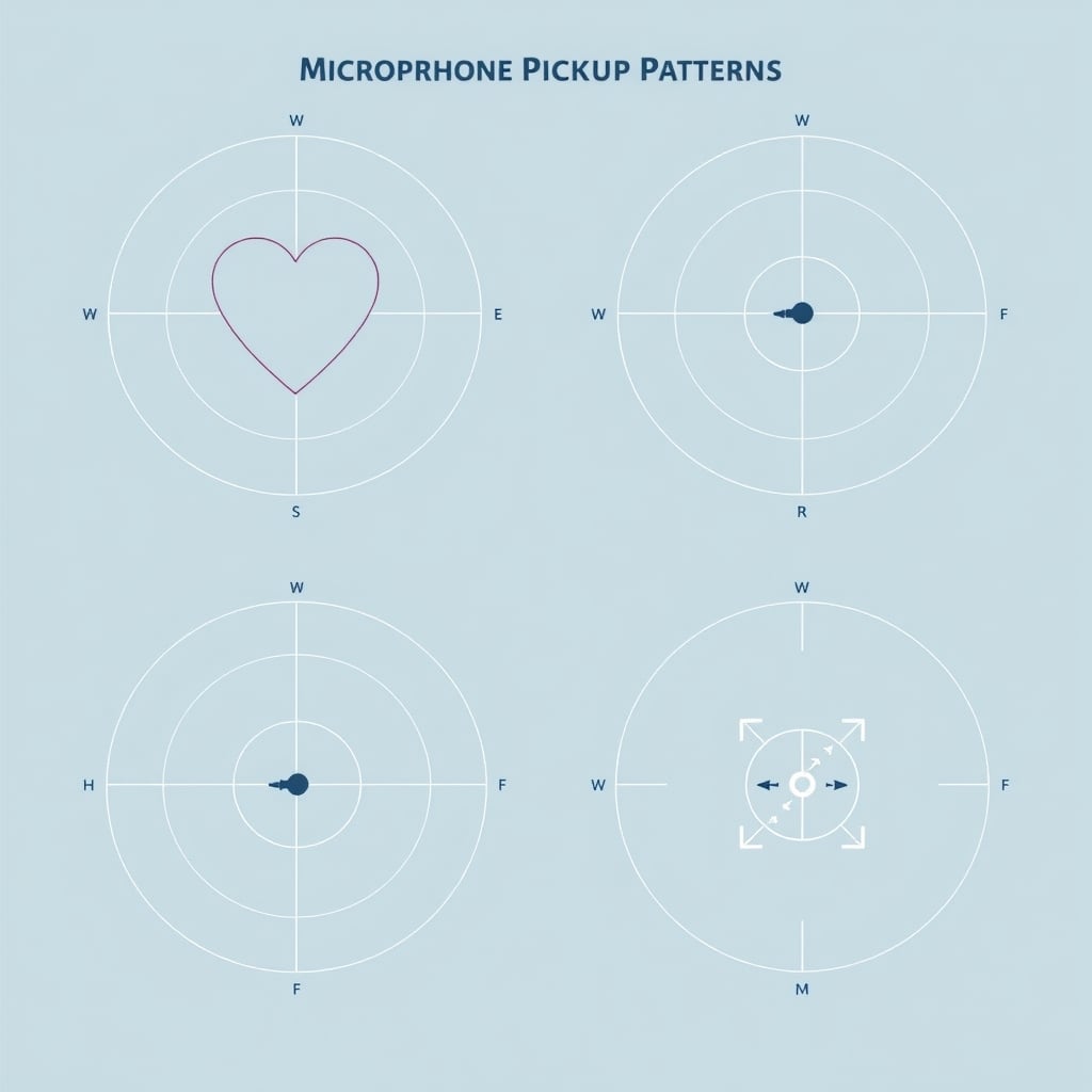 USB mic — Four microphone polar pattern diagrams showing cardioid, omnidirectional, bidirectional, and stereo patterns.