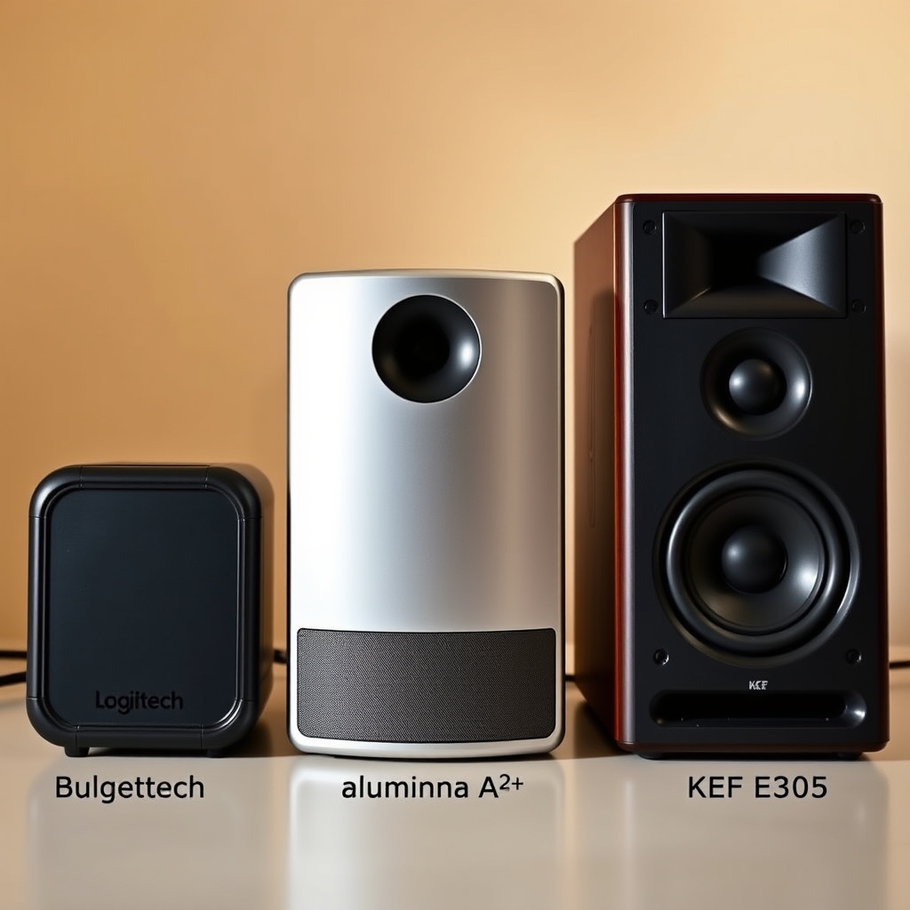 USB speakers — Three computer speakers arranged by size and price tier from left to right: budget compact model, mid-range powered speaker, and premium studio monitor.