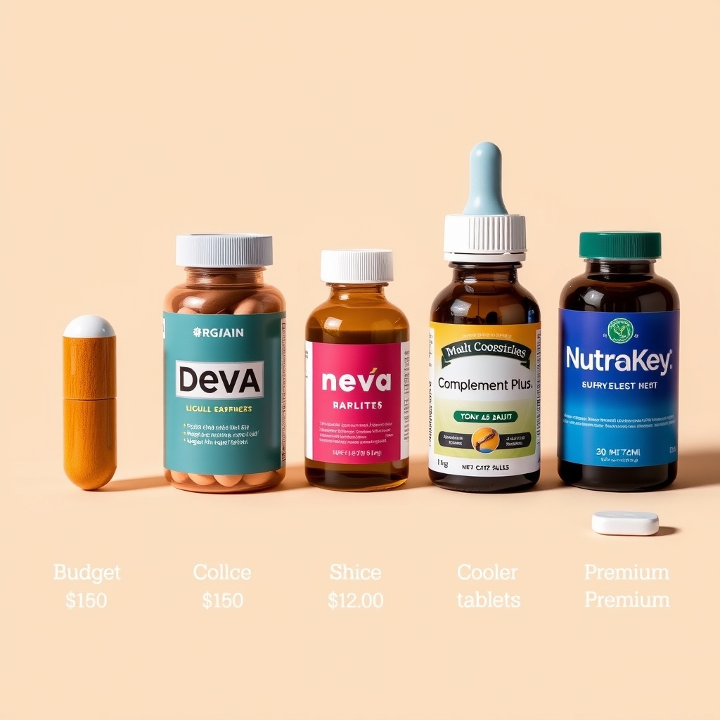 vegan iron supplement — Five different supplement formats displayed side by side: capsule, tablet, liquid, dual-capsule pack, and single tablet.