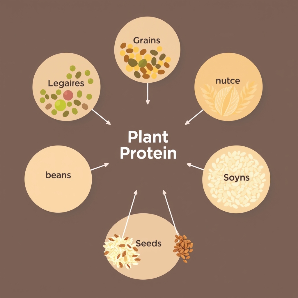 vegan protein absorption — Circular diagram showing plant protein sources connected to a central amino acid hub with varying line weights indicating completeness.