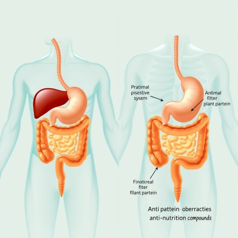 vegan protein absorption — Side-by-side digestive system diagram comparing smooth animal protein digestion versus plant protein digestion with fiber barriers.