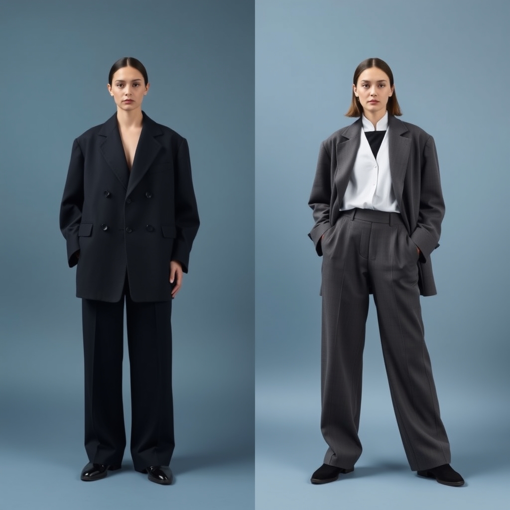 vintage-inspired clothing styles — Side-by-side comparison of contemporary oversized blazer and wide-leg trousers with 1990s vintage reference pieces.