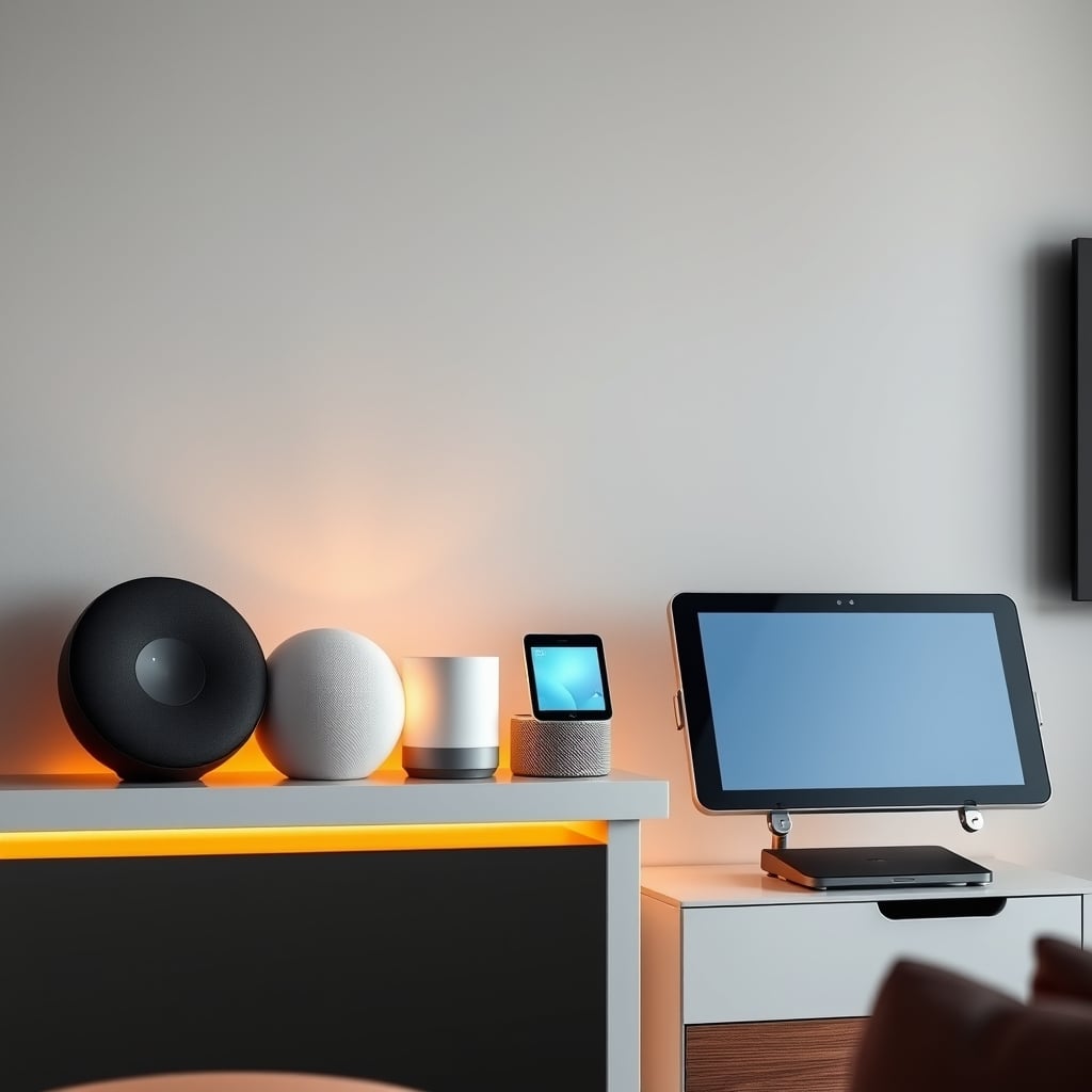 voice assistant speakers — Five smart speakers of different shapes and sizes arranged on shelves in a bright modern living room setting.