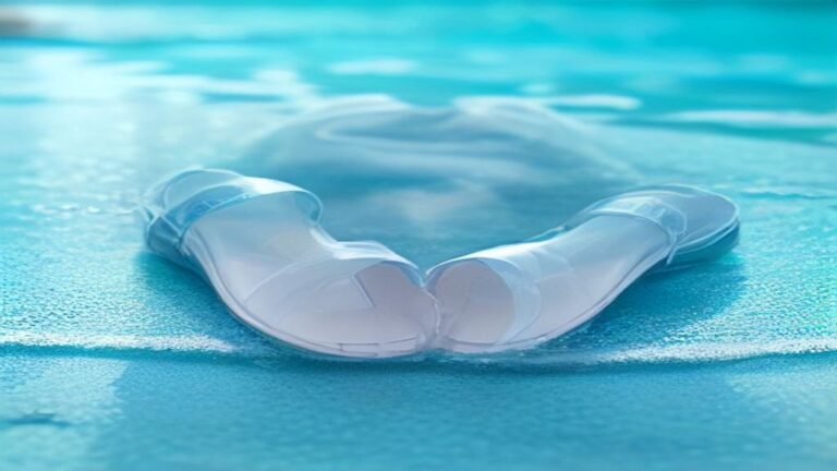 water resistant sandals — Waterproof sandal with visible drainage holes on wet pool deck, water droplets beading on surface.