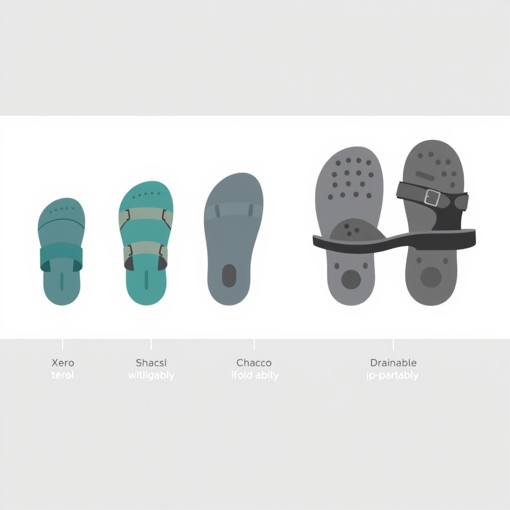 water shoes sandals — Five sandal silhouettes arranged by weight and packability, from smallest lightest to largest bulkiest.