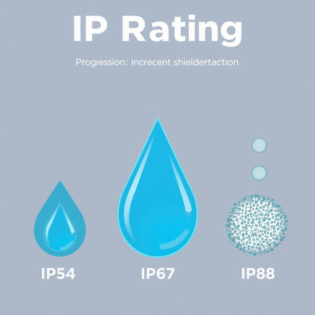 waterproof patio speakers — IP rating scale from 54 to 68 shown as progressively fortified shields against water and dust ingress.