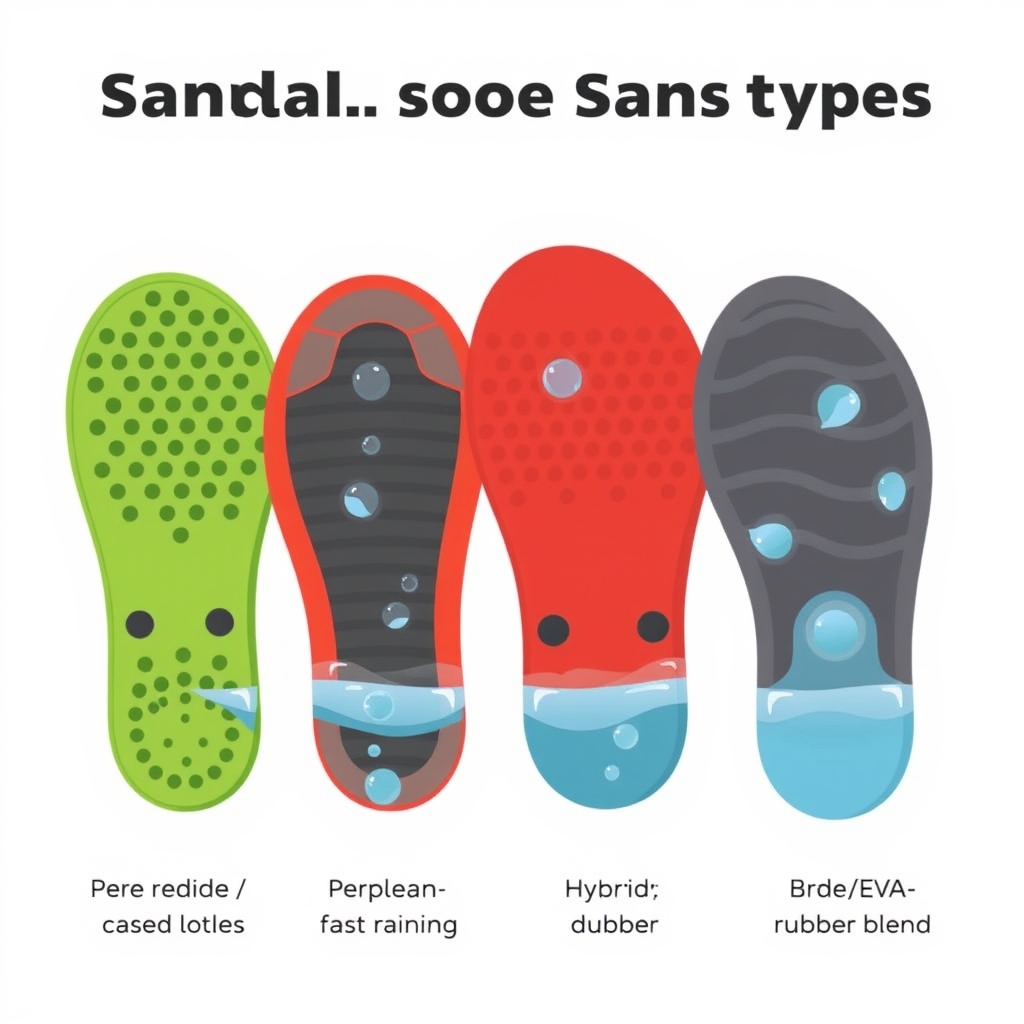 waterproof sandals — Vector comparison of four sandal sole types showing drainage patterns, with perforated designs allowing water flow and solid designs trapping water.