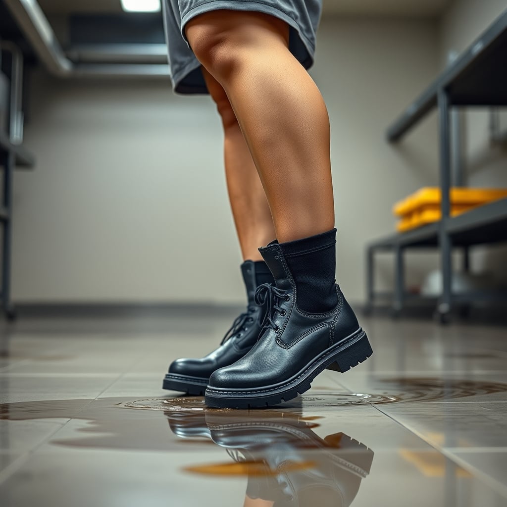 waterproof work boots — Woman in work uniform standing firmly on a wet, reflective industrial floor wearing black Xtratuf boots.