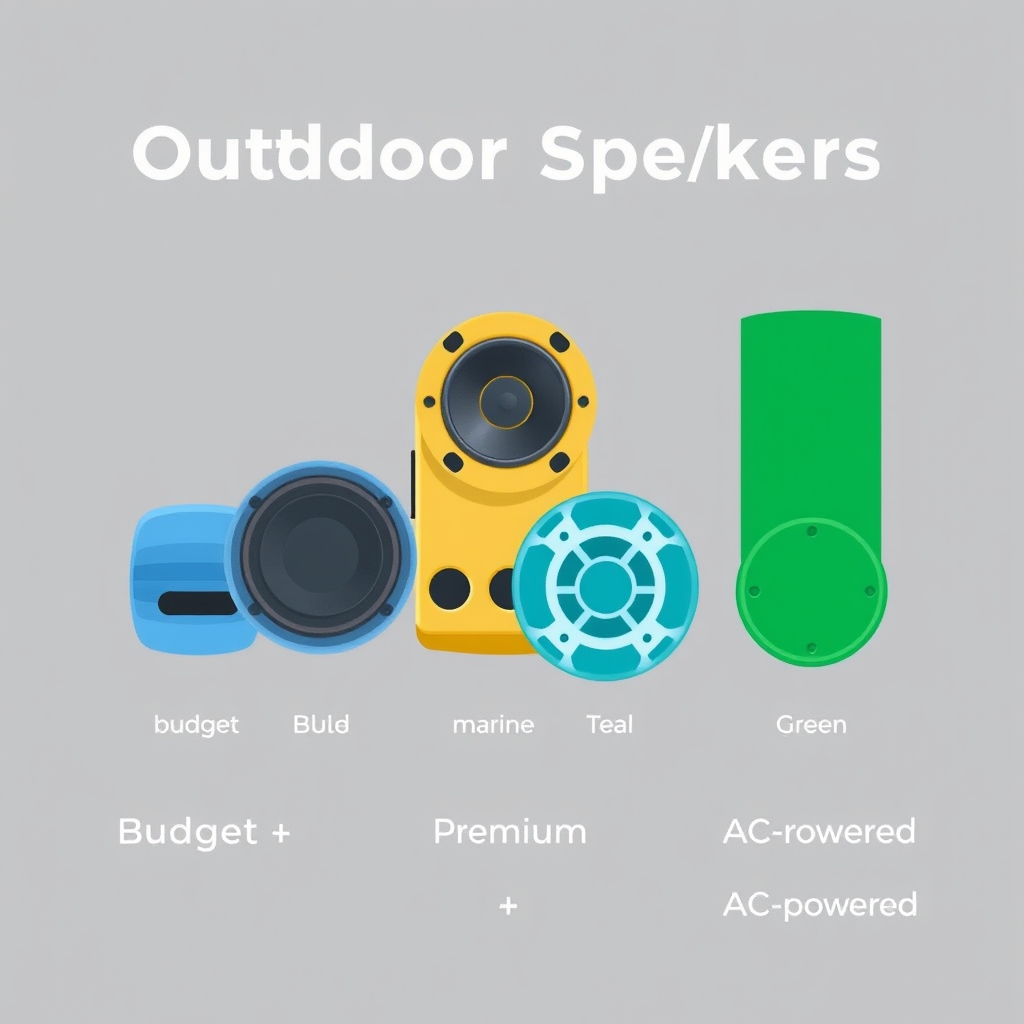 weather resistant speakers — Five outdoor speaker silhouettes arranged by size and capability tier, color-coded by category.