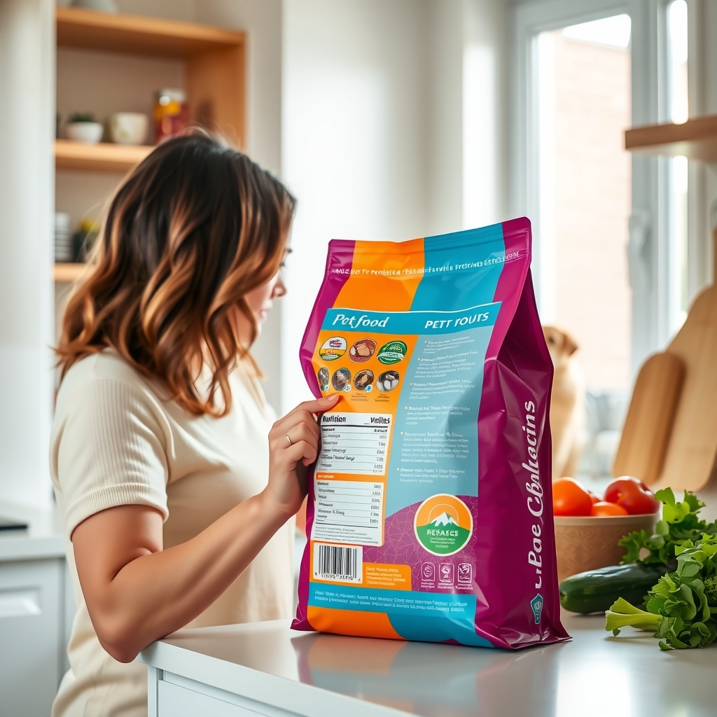 what does aafco mean — Pet owner examining a pet food bag label in a sunlit kitchen with a dog nearby.