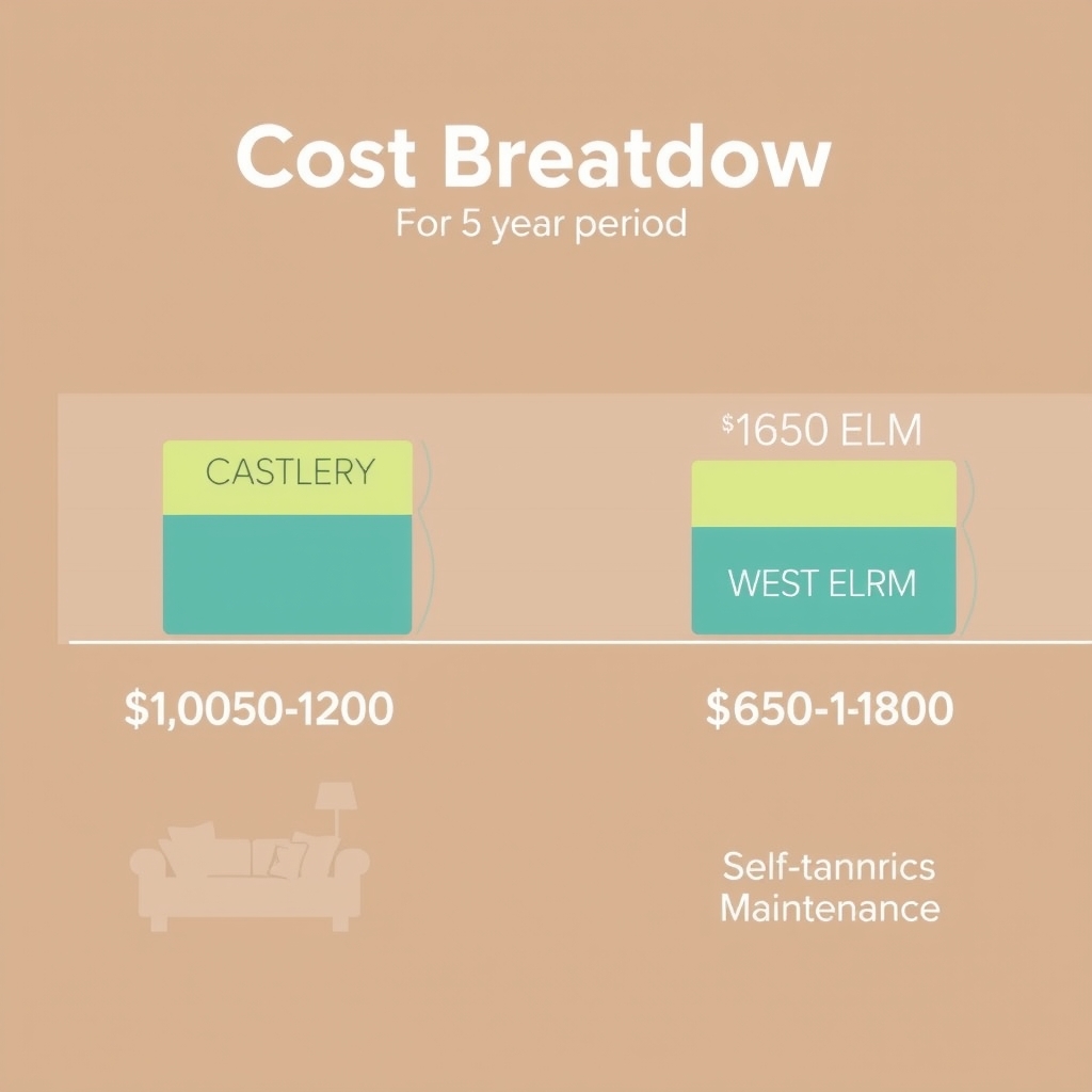 where to buy mid-century furniture — Stacked cost comparison over five years: Castlery totals $1,050–$1,200 versus West Elm's $1,650–$1,800.