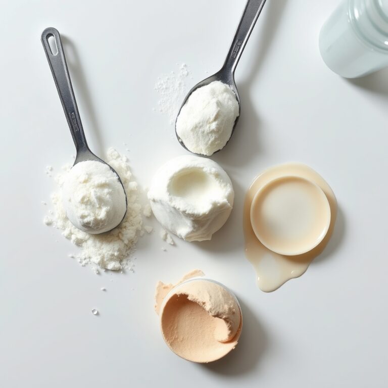 whey isolate vs concentrate — Three protein powder textures displayed side-by-side showing visual differences in processing and density.