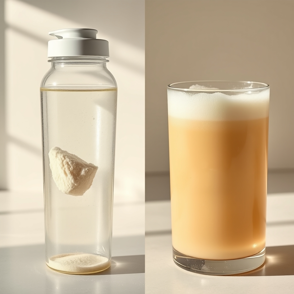 whey protein for muscle recovery — Side-by-side comparison of fast-absorbing isolate versus slower-absorbing concentrate in liquid form.