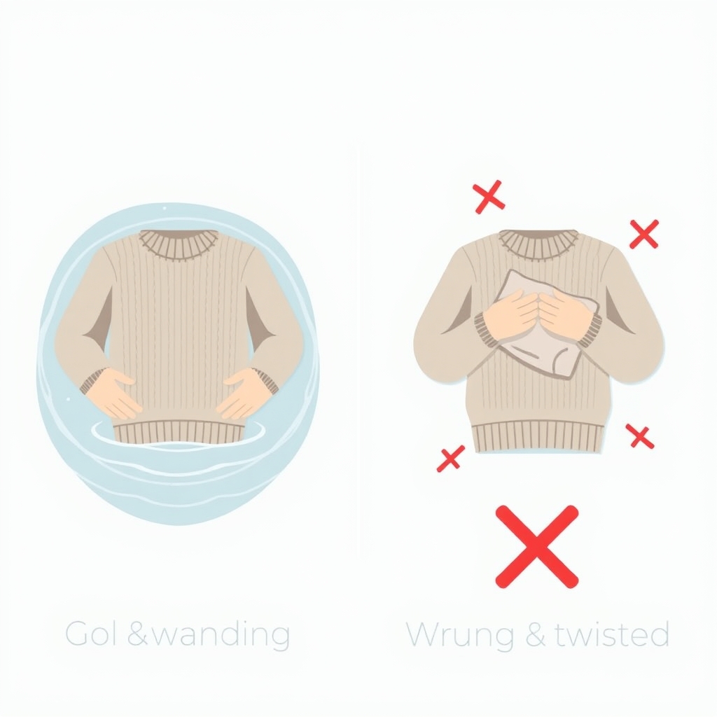 wool garment care — Two-panel vector comparison of gentle water submersion versus wringing, showing correct and incorrect wool washing