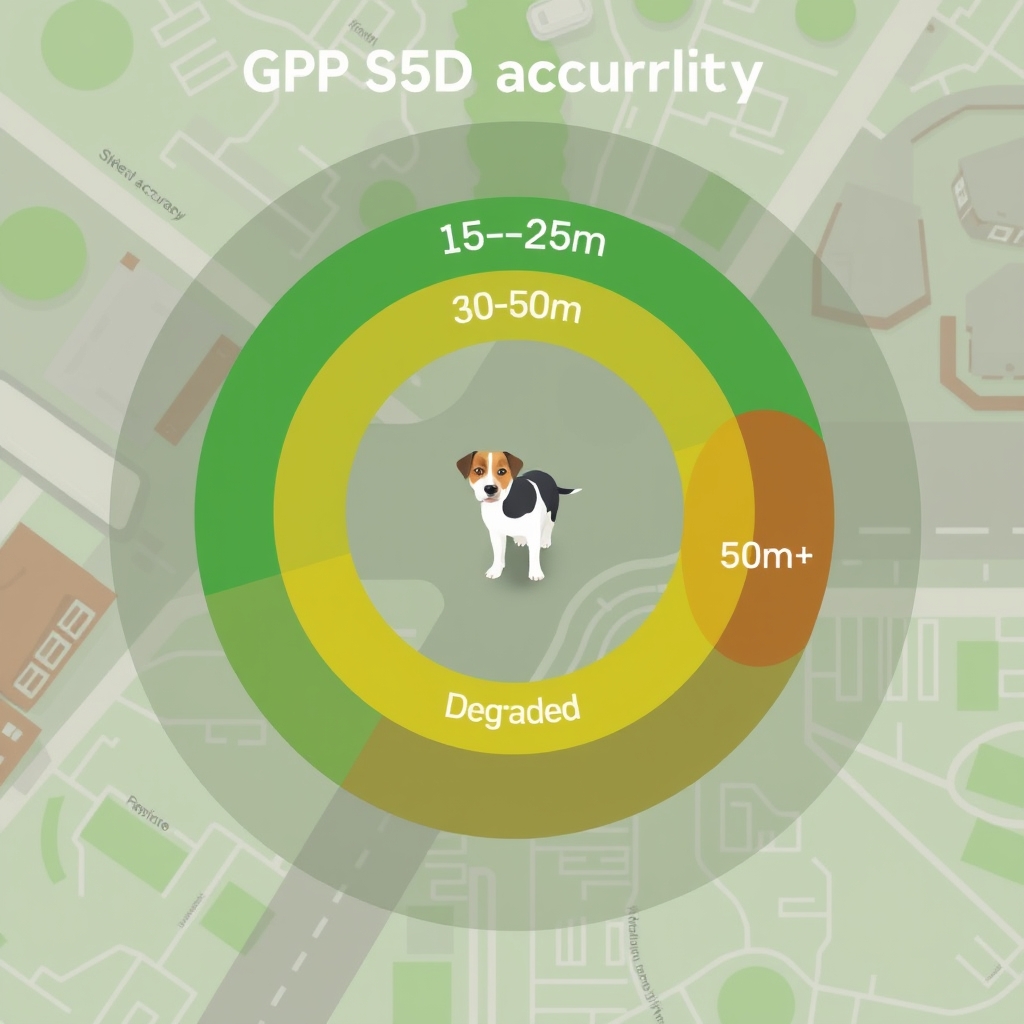 zetabao health monitoring — Three concentric accuracy zones showing GPS performance: 15–25 meters (green), 30–50 meters (yellow), 50+ meters (red).
