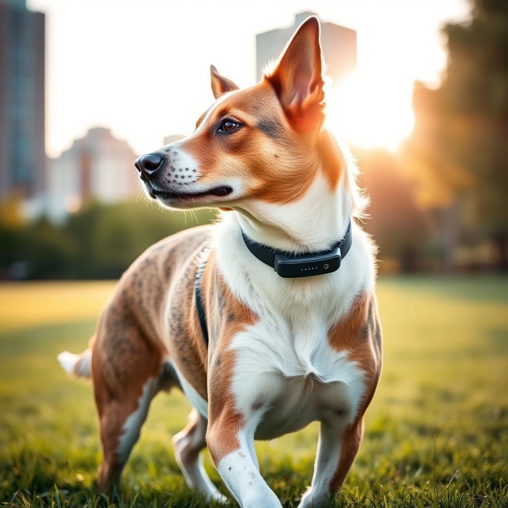 zetabao smart pet collar review — Mixed-breed dog wearing a Zetabao smart pet collar in a sunlit outdoor park setting.