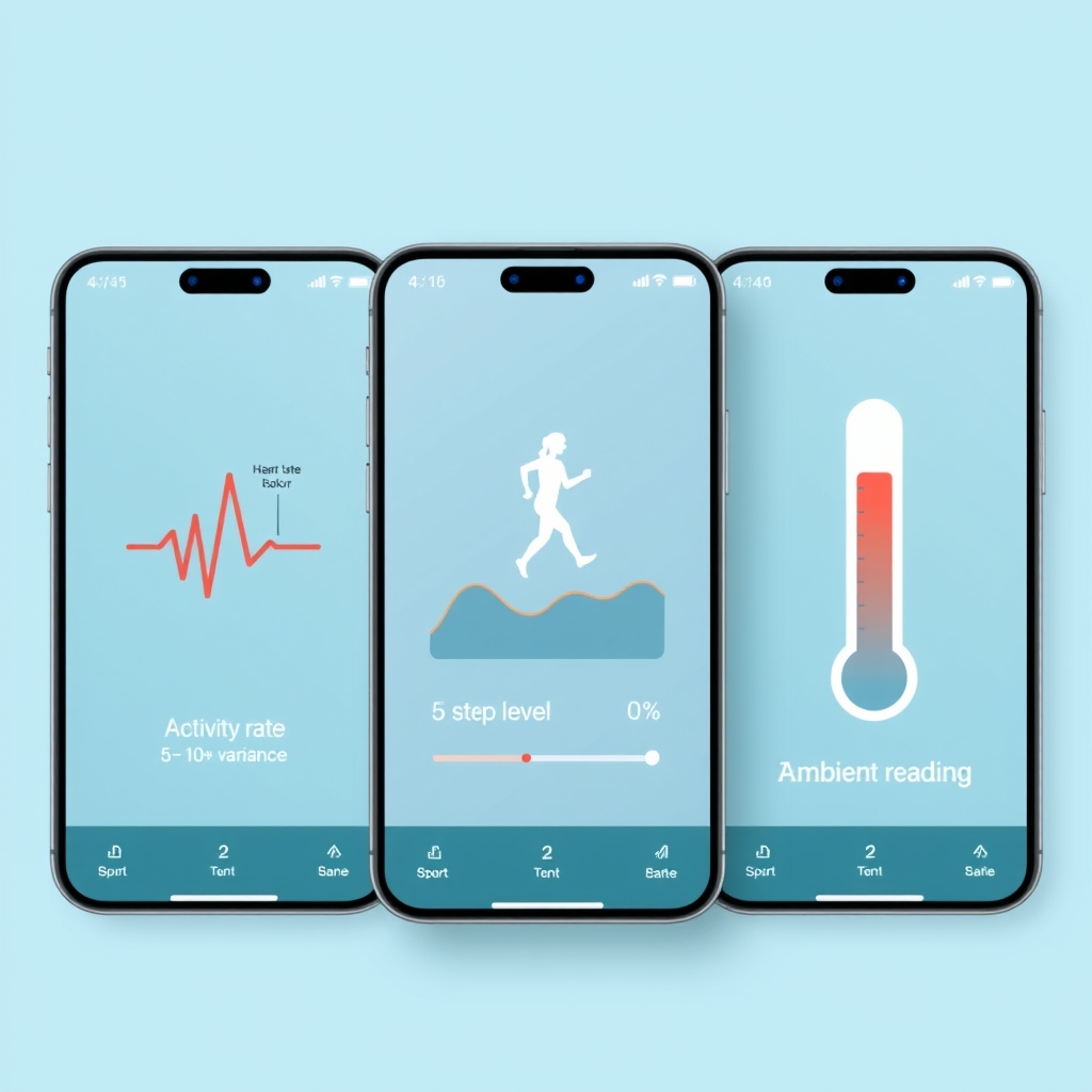 zetabao vs competitors — Three health monitoring sensor cards showing heart rate, activity level, and ambient temperature with visual variance indicators.