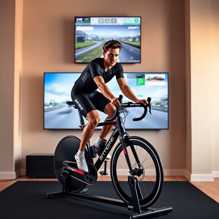 Zwift Hub review — Cyclist on Zwift Hub smart trainer with virtual cycling world displayed on monitor in home gym.